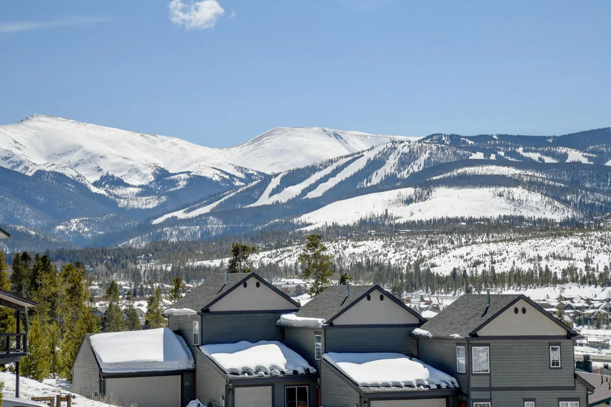 A wide panoramic view showcases snow-capped mountains under a clear blue sky, interspersed with residential buildings nestled in nature. The expansive landscape emphasizes the endless opportunities for hiking, skiing, and exploring with pets in the Rocky Mountains.