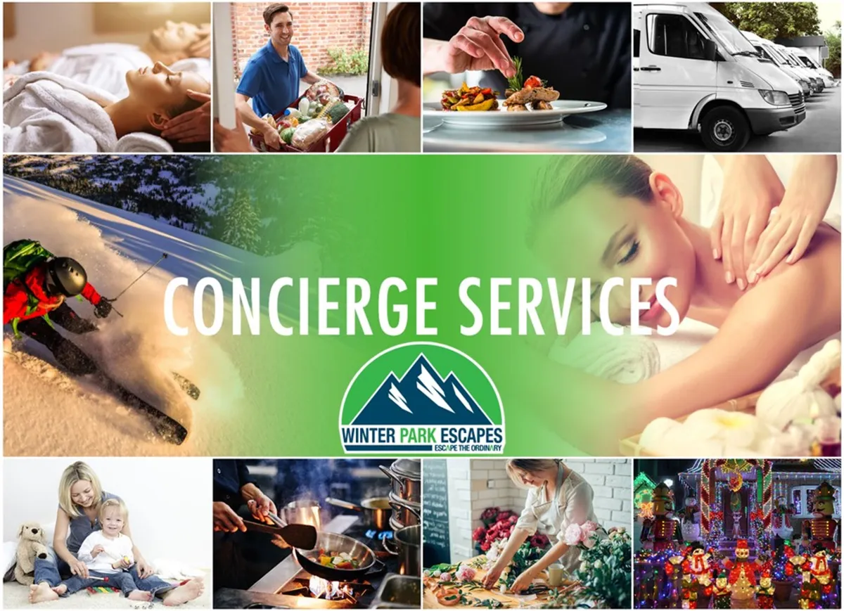 A lively interior collage showing spa treatments, gourmet meal delivery, family activities, cooking, winter sports, and festive holiday decorations. The mood is welcoming and energetic, emphasizing a range of luxury services and family-friendly experiences offered at the home.