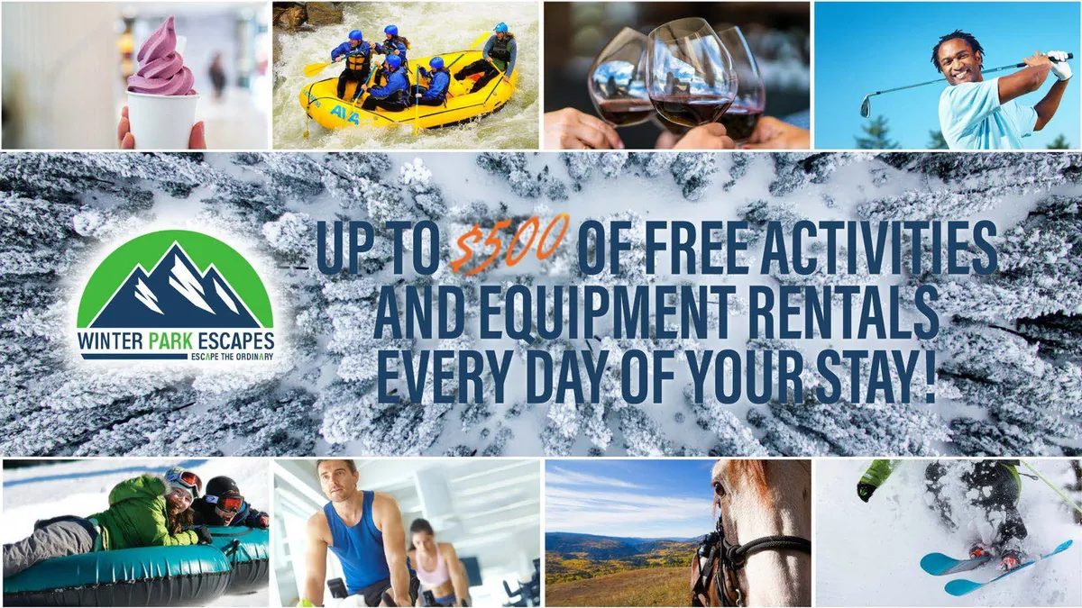 This exterior image captures people actively enjoying a range of outdoor activities—rafting down a river, golfing on green fairways, skiing down snowy slopes, horseback riding through scenic landscapes, and ice skating. Delicious local food is also featured, adding a social and festive layer to the adventures.