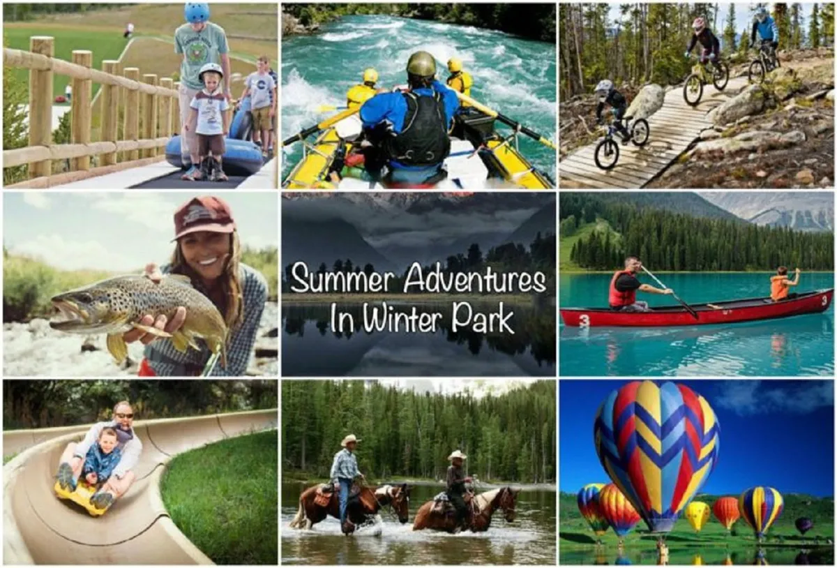 A vibrant outdoor scene during warmer months, showing people rafting, biking, fishing, horseback riding, sledding, hot air ballooning, and kayaking. The image is filled with lush landscapes and a sense of excitement and adventure.